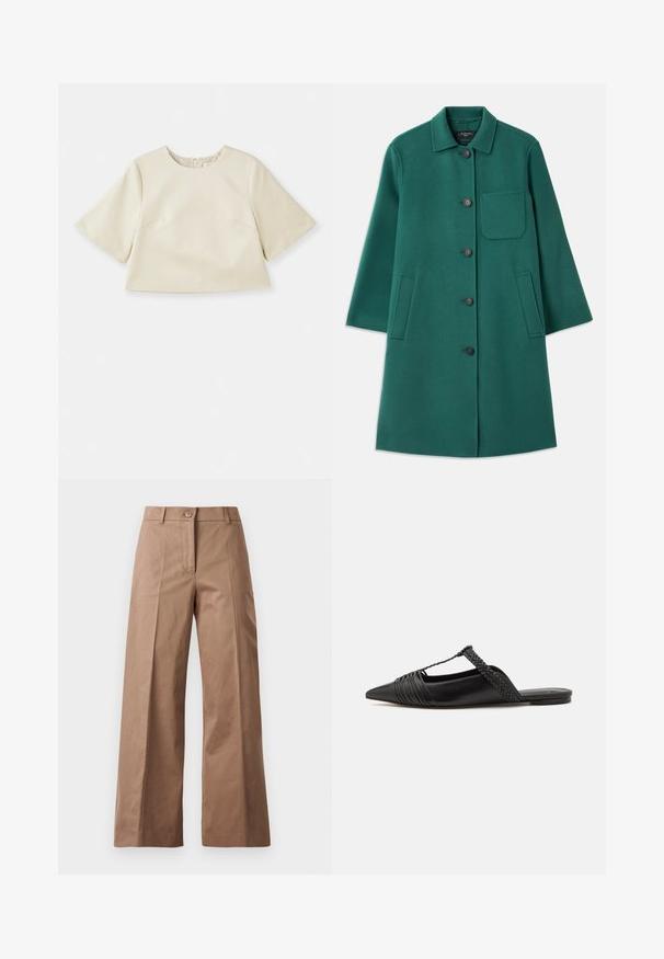 Zelený vlnený kabát s golierom, zapínaním na gombíky a dlhými rukávmi. Obsahuje náprsné vrecko a dve postranné vrecká, hladká textúra.; Krémový skrátený top vyrobený z hladkého materiálu, s krátkymi rukávmi, okrúhlym výstrihom a jemným švom.; Hnedé nohavice s širokými nohavicami vyrobené z hladkej látky, s predným zapínaním na gombík, dvoma prednými vreckami a čistými, precízne vykrojenými líniami.; Čierne kožené sandále so špičatou špičkou, ktoré majú tkaný detail a zborený dizajn vrchnej časti. Plochá podrážka s minimálnym hardvérom.