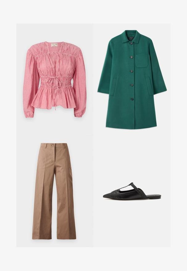 Green wool coat with a collared neckline, button closure, and long sleeves. Features a chest pocket and two side pockets, smooth texture.; Red and white striped blouse with long sleeves, gathered bodice, and adjustable drawstring at the waist, featuring a peplum hem.; Brown wide-leg trousers made from a smooth fabric, featuring a front button closure, two front pockets, and clean, tailored lines.; Black leather slingback shoe with a pointed toe, featuring a woven accent and pleated upper design. Flat sole with minimal hardware.