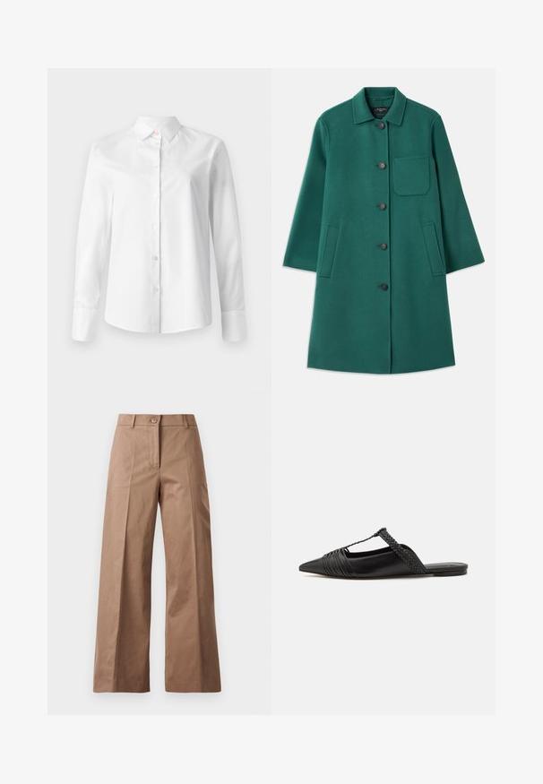 Zeleni volneni plašč s ovratnikom, zapenjanjem na gumb in dolgimi rokavi. Ima žep na prsih in dva stranska žepa, gladko teksturo.; Bela srajca z dolgimi rokavi in gumbi, izdelana iz gladkega bombažnega blaga, ima klasičen ovratnik in majhne gumbe spredaj.; Rjave široke hlače iz gladkega materiala, z zapiranjem spredaj na gumb, dvema sprednjima žepoma in čistimi, postavljenimi linijami.; Črne usnjene sandale s priponko, koničastim nosom in tkano dekoracijo ter gubanjem na zgornjem delu. Ravna podplata z minimalno opremo.