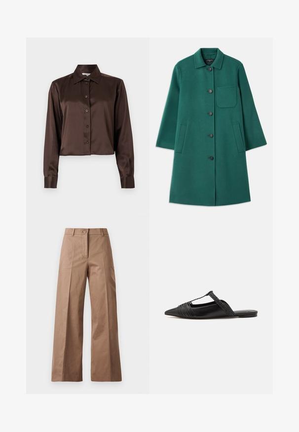 Cappotto di lana verde con colletto, chiusura a bottoni e maniche lunghe. Presenta una tasca sul petto e due tasche laterali, texture liscia.; Camicia marrone in raso a maniche lunghe con colletto appuntito e chiusura frontale con bottoni. Design corto e tessuto liscio.; Pantaloni larghi marroni realizzati in un tessuto morbido, con chiusura frontale con bottone, due tasche anteriori e linee pulite e sartoriali.; Scarpa slingback in pelle nera con punta appuntita, con un dettaglio intrecciato e un design superiore plissettato. Suola piatta con hardware minimale.