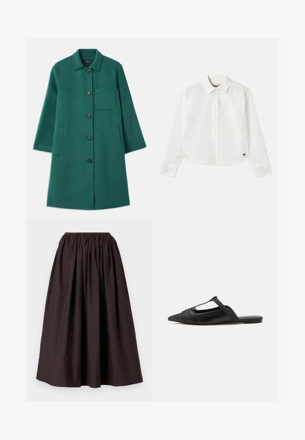 Zeleni volneni plašč s ovratnikom, zapenjanjem na gumb in dolgimi rokavi. Ima žep na prsih in dva stranska žepa, gladko teksturo.; Bela skrajšana srajca z dolgimi rokavi iz bombaža. Ima sprednje gumbke, žep na prsih in majhen črn logo na spodnjem levem delu.; Rjava, krila do gležnjev, izdelana iz lahkega materiala, z elastičnim pasom in nabranim dizajnom za voluminozen učinek.; Črne usnjene sandale s priponko, koničastim nosom in tkano dekoracijo ter gubanjem na zgornjem delu. Ravna podplata z minimalno opremo.