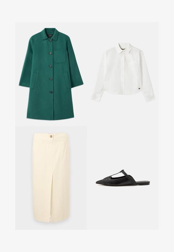 Žalias vilnonis paltas su apykakle, užsegimu mygtukais ir ilgomis rankovėmis. Turi krūtinės kišenę ir dvi šonines kišenes, lygus paviršius.; Baltas trumpas ilgos rankovės marškinėliai, pagaminti iš medvilnės. Turintys sagų priekį, krūtinės kišenę ir mažą juodą logotipą apačioje kairėje pusėje.; Kreminės spalvos midi sijonas su priekine skeltuku, užtrauktuko uždarymu ir vienu mygtuko akcentu. Pagamintas iš lygaus audinio su minimaliais siūlių akcentais.; Juodos odinės slingback bateliai su smailiu pirštu, turintys audinį akcentą ir raukšlėtą viršutinį dizainą. Lygus padas su minimaliais aksesuarais.