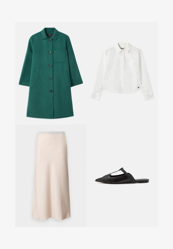 Green wool coat with a collared neckline, button closure, and long sleeves. Features a chest pocket and two side pockets, smooth texture.; White cropped long-sleeve shirt made of cotton. Features a button-up front, a chest pocket, and a small black logo on the bottom left.; Pale beige midi skirt with a smooth, satin-like finish and a light gray elastic waistband. Flared design tapering towards the hem.; Black leather slingback shoe with a pointed toe, featuring a woven accent and pleated upper design. Flat sole with minimal hardware.