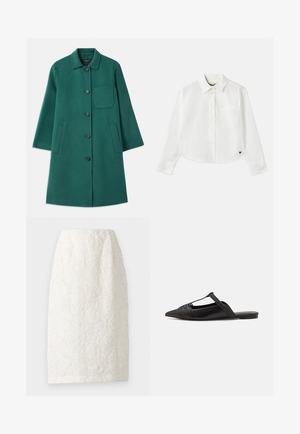 Roheline villane jakk, millel on krae, nööbiga kinnitatav ja pikad varrukad. Omab rinnaTaskut ja kahte küljetaskut, sile tekstuur.; Valge lühikesed varrukad puuvillane särk. Omab nööbiga esist, rinna taskut ning väikest musta logo all vasakul.; Knee-pikkusega valge seelik, millel on tekstureeritud lilleline muster, tõstetud rooside kujutiste ja peene sädelusega. Lihtne, sirge siluett.; Must kuulsad nahast kandadega kingad, millel on terav nina, koos kootud detaili ja volditud ülaosaga. Lame tald minimaalse riistvaraga.