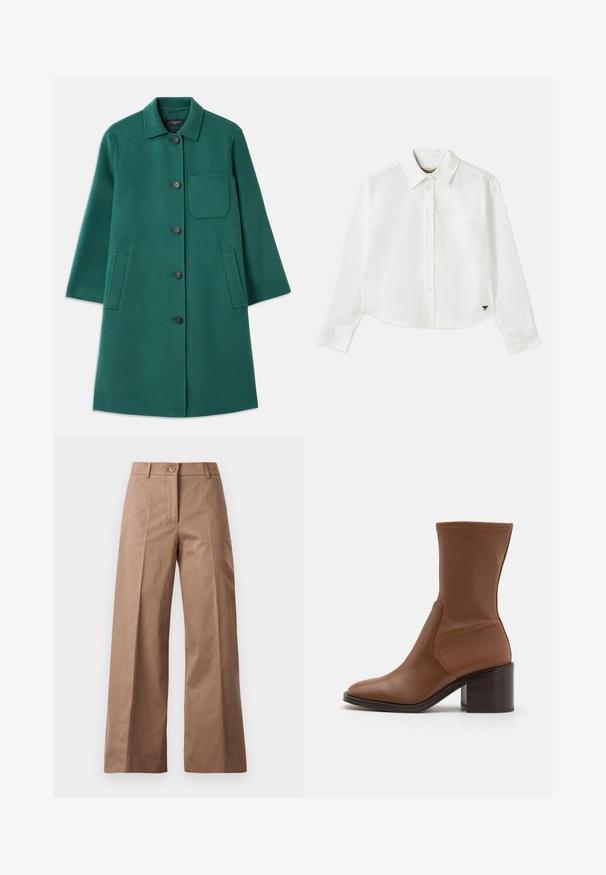 Manteau en laine vert avec un col, fermeture à boutons et manches longues. Comprend une poche poitrine et deux poches latérales, texture lisse.; Chemise blanche à manches longues raccourcie en coton. Elle présente un devant à boutons, une poche sur la poitrine et un petit logo noir en bas à gauche.; Pantalons larges marron en tissu lisse, dotés d'une fermeture à bouton à l'avant, de deux poches avant et de lignes nettes et ajustées.; Bottines en cuir marron avec un bout carré, des côtés élastiques et un talon bloc. Texture lisse avec un design minimal, adaptées à diverses tenues.