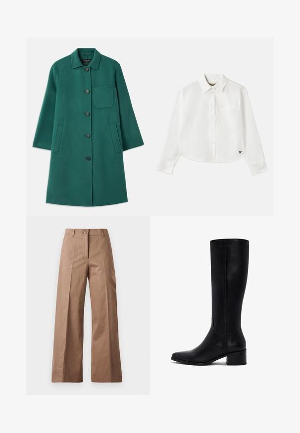 Green wool coat with a collared neckline, button closure, and long sleeves. Features a chest pocket and two side pockets, smooth texture.; White cropped long-sleeve shirt made of cotton. Features a button-up front, a chest pocket, and a small black logo on the bottom left.; Brown wide-leg trousers made from a smooth fabric, featuring a front button closure, two front pockets, and clean, tailored lines.; Knee-high black leather boots with a pointed toe, block heel, and smooth texture. Features a clean design with minimal detailing.