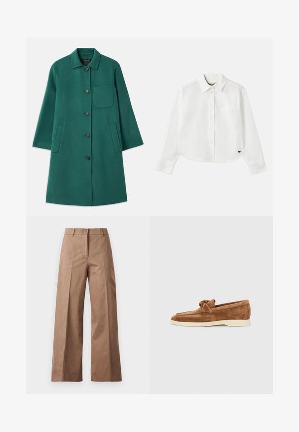 Manteau en laine vert avec un col, fermeture à boutons et manches longues. Comprend une poche poitrine et deux poches latérales, texture lisse.; Chemise blanche à manches longues raccourcie en coton. Elle présente un devant à boutons, une poche sur la poitrine et un petit logo noir en bas à gauche.; Pantalons larges marron en tissu lisse, dotés d'une fermeture à bouton à l'avant, de deux poches avant et de lignes nettes et ajustées.; Mocassins en daim marron avec un accent de nœud noué, un design bas et une semelle en caoutchouc crème contrastante.