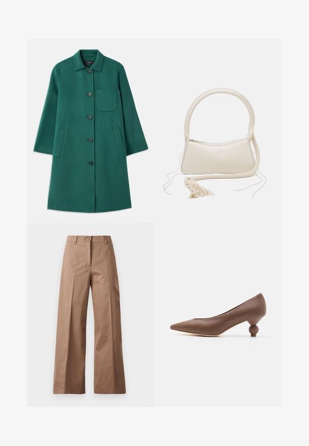 Green wool coat with a collared neckline, button closure, and long sleeves. Features a chest pocket and two side pockets, smooth texture.; White cropped long-sleeve shirt made of cotton. Features a button-up front, a chest pocket, and a small black logo on the bottom left.; Brown wide-leg trousers made from a smooth fabric, featuring a front button closure, two front pockets, and clean, tailored lines.; Brown leather pointed-toe pump with a unique rounded ball heel. Smooth texture, sleek design, and minimalistic detailing.; Cream-colored handbag with a rounded handle, zipper closure, and tassel detail. Features smooth leather texture and contrasting fabric trim.