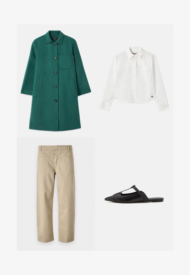 Zelený vlněný kabát s límečkem, zapínáním na knoflíky a dlouhými rukávy. Má náprsní kapsu a dvě boční kapsy, hladká textura.; Bílá zkrácená košile s dlouhým rukávem vyrobená z bavlny. Má zapínání na knoflíky vpředu, náprsní kapsu a malé černé logo na dolním levém rohu.; Beige bavlněné kalhoty s rovnými nohavicemi, s předním zapínáním na knoflík a minimálními stehy podél pasu a kapes.; Černé kožené slingback boty se špičatou špičkou, s tkaným akcentem a plisovaným designem svršku. Plochá podešev s minimálním kovovým zapínáním.