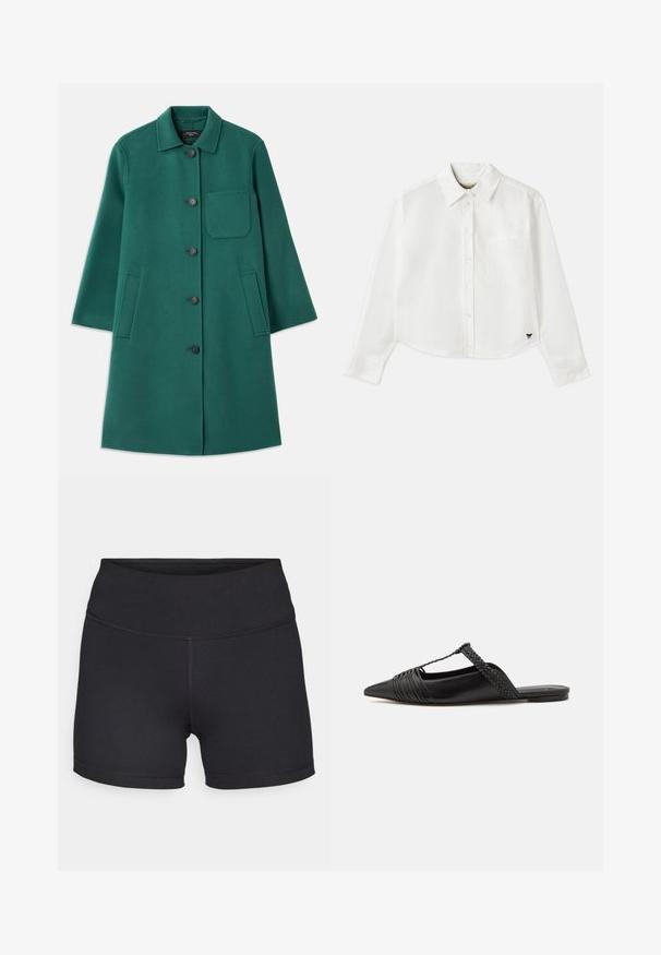 Zeleni vuneni kaput s ovratnikom, zatvaranjem na gumbe i dugim rukavima. Ima džep na prsima i dva bočna džepa, glatka tekstura.; Bijela skraćena košulja dugih rukava napravljena od pamuka. Ima gumb za zatvaranje sprijeda, džep na prsima i mali crni logotip na donjem lijevom dijelu.; Champion TRAINING SOFT TOUCH BIKER SHORTS - Tajice - black; Crne kožne cipele s remenom oko pete i šiljastim vrhom, s pletenim naglaskom i nabranim gornjim dijelom. Ravni đon s minimalnim hardverom.