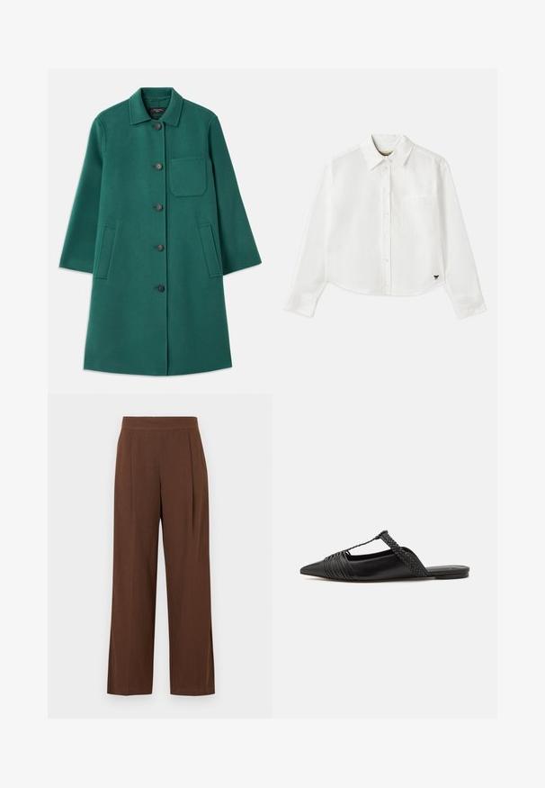 Groene wollen jas met een kraaghalslijn, knoopsluiting en lange mouwen. Heeft een borstzak en twee zijzakken, met een gladde textuur.; Witte, cropped, langemouwen shirt van katoen. Heeft een knoopsluiting aan de voorkant, een borstzak en een klein zwart logo op de linksonder.; Bruine wijde broekspijpen met een gladde textuur, voorzien van een platte voorkant en plooien. De tailleband is elastisch voor comfort en pasvorm.; Zwarte leren slingback schoen met een puntige neus, voorzien van een gevlochten accent en geplooid ontwerp aan de bovenkant. Platte zool met minimale hardware.