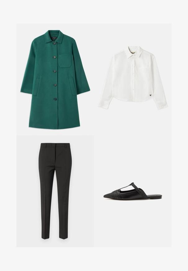 Green wool coat with a collared neckline, button closure, and long sleeves. Features a chest pocket and two side pockets, smooth texture.; White cropped long-sleeve shirt made of cotton. Features a button-up front, a chest pocket, and a small black logo on the bottom left.; Black tailored trousers with a straight-leg fit, featuring a smooth texture and no visible patterns or embellishments.; Black leather slingback shoe with a pointed toe, featuring a woven accent and pleated upper design. Flat sole with minimal hardware.