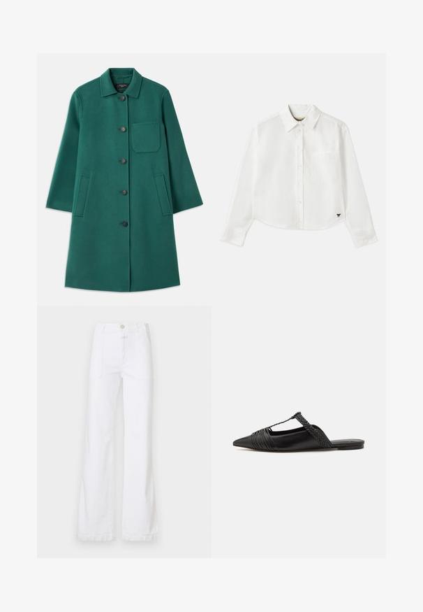 Vihreä villa-takki, jossa on kauluspään muotoilu, nappisuljenta ja pitkät hihat. Sisältää rintataskun ja kaksi sivutaskua, sileä tekstuuri.; Valkoinen lyhytcroppinen pitkähihainen paita, joka on valmistettu puuvillasta. Siinä on nappisuljenta edessä, rintatasku ja pieni musta logo vasemmassa alakulmassa.; Valkoiset farkuhousut, joissa on korkea vyötärö, leveät lahkeet, etutaskut ja näkyvät saumat. Kankaan pinta on sileä ja matta.; Musta nahkasandaali, jossa on terävä kärki, somistettuna kudotulla yksityiskohdalla ja pleatatuilla yläosilla. Litteä pohja, jossa on vähäisiä tarvikkeita.