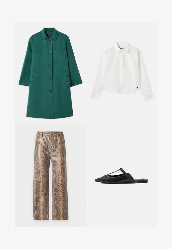 Zaļš vilnas mētelis ar apkakles apkakli, poga aizdari un garām piedurknēm. Iekļauj krūšu kabatu un divas sānu kabatas, gluda tekstūra.; Balta, īsa garuma piedurkņu krekls, kas izgatavots no kokvilnas. Tam ir pogājama priekšpuse, krūšu kabata un mazs melns logo apakšējā kreisajā stūrī.; Čūsku raksta bikses brūnā un bežā krāsā, ar platu kāju dizainu, gludu tekstūru un kontrastējošu rakstainu audumu, lai radītu izteiksmīgu izskatu.; Melnas ādas slingback kurpes ar norādītu purngali, kurām ir austoša akcenta un krokota augšdaļa. Plakana zole ar minimālu aparatūru.