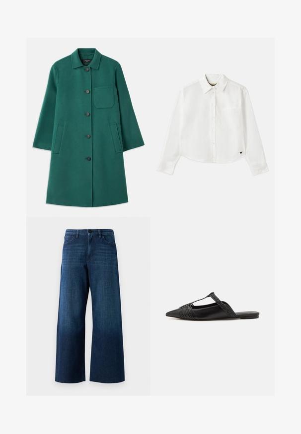 Žalias vilnonis paltas su apykakle, užsegimu mygtukais ir ilgomis rankovėmis. Turi krūtinės kišenę ir dvi šonines kišenes, lygus paviršius.; Baltas trumpas ilgos rankovės marškinėliai, pagaminti iš medvilnės. Turintys sagų priekį, krūtinės kišenę ir mažą juodą logotipą apačioje kairėje pusėje.; Plati kojinės tamsiai mėlynos džinsinės kelnės su priekiniais mygtukais, diržo kilpomis ir klasikinio penkių kišenių dizainu ant paprasto fono.; Juodos odinės slingback bateliai su smailiu pirštu, turintys audinį akcentą ir raukšlėtą viršutinį dizainą. Lygus padas su minimaliais aksesuarais.