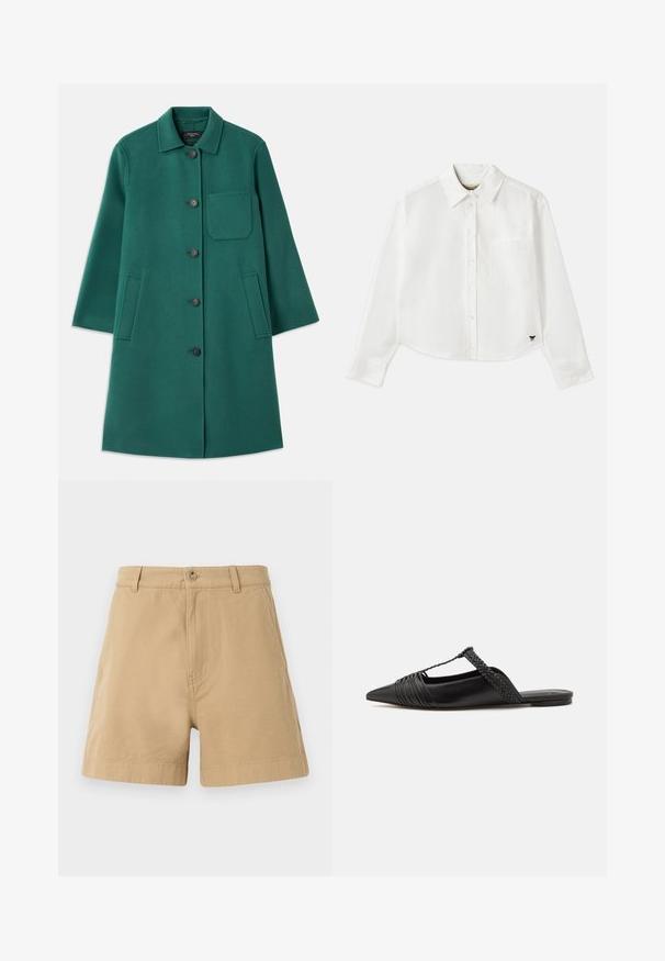 Groene wollen jas met een kraaghalslijn, knoopsluiting en lange mouwen. Heeft een borstzak en twee zijzakken, met een gladde textuur.; Witte, cropped, langemouwen shirt van katoen. Heeft een knoopsluiting aan de voorkant, een borstzak en een klein zwart logo op de linksonder.; Beige katoenen shorts met een klassiek ontwerp, voorzien van een sluiting met een voorknop en riemlussen. Glad van textuur met zijzakken.; Zwarte leren slingback schoen met een puntige neus, voorzien van een gevlochten accent en geplooid ontwerp aan de bovenkant. Platte zool met minimale hardware.