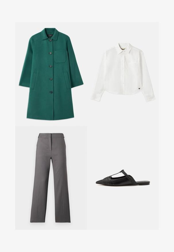 Grøn uldfrakke med krave, knaplukning og lange ærmer. Har en brystlomme og to sidelommer, glat tekstur.; Hvid cropped langærmet skjorte lavet af bomuld. Har en knaplukning foran, en brystlomme og et lille sort logo nederst til venstre.; Grå bukser med bred ben, fremstillet i et glat materiale, med flad front, lynlås lukning og minimal udsmykning. Skræddersyet til en afslappet pasform.; Sort læderslyngeback sko med spids tå, der har en vævet detalje og en plisseret overdel. Flad sål med minimal hardware.