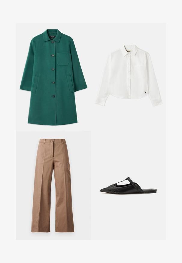 Grøn uldfrakke med krave, knaplukning og lange ærmer. Har en brystlomme og to sidelommer, glat tekstur.; Hvid cropped langærmet skjorte lavet af bomuld. Har en knaplukning foran, en brystlomme og et lille sort logo nederst til venstre.; Brune bredde bukser lavet af et glat stof, med en frontknaplukning, to frontlommer og rene, skræddersyede linjer.; Sort læderslyngeback sko med spids tå, der har en vævet detalje og en plisseret overdel. Flad sål med minimal hardware.