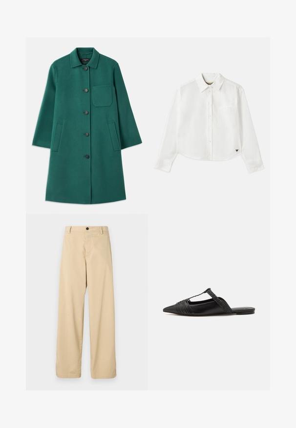 Casaco de lã verde com decote de colarinho, fecho de botão e mangas longas. Possui um bolso no peito e dois bolsos laterais, textura suave.; Camisa branca de manga longa cropped em algodão. Apresenta fecho com botões na frente, um bolso no peito e um pequeno logotipo preto no canto inferior esquerdo.; Calças de algodão bege com um design de perna reta, apresentando um fecho zip na frente, um único botão preto e dois bolsos laterais.; Sapatilha slingback em couro preto com bico pontudo, apresentando um detalhe trançado e um design superior plissado. Sola plana com hardware mínimo.