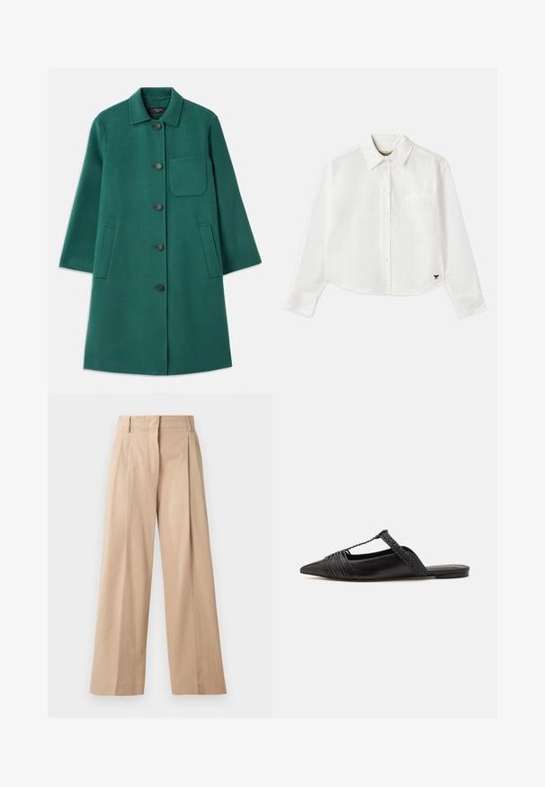 Zielony wełniany płaszcz z kołnierzem, z zapięciem na guziki i długimi rękawami. Posiada kieszeń na piersi oraz dwie kieszenie boczne, gładka tekstura.; Biały, krótki, długi rękaw koszuli wykonanej z bawełny. Posiada zapięcie na guziki z przodu, kieszeń na piersi oraz małe czarne logo w lewym dolnym rogu.; Jasno beżowe spodnie o szerokich nogawkach, wykonane z gładkiego, lekkiego materiału. Posiadają pliski z przodu, dopasowaną talię oraz prosty krój.; Czarny skórzany but na odkrytej pięcie z pointed toe, ozdobiony plecionym akcentem i plisowanym wzorem górnej części. Płaska podeszwa z minimalnymi elementami.