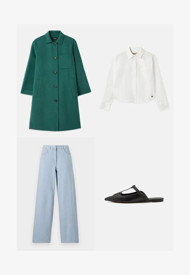 Zaļš vilnas mētelis ar apkakles apkakli, poga aizdari un garām piedurknēm. Iekļauj krūšu kabatu un divas sānu kabatas, gluda tekstūra.; Balta, īsa garuma piedurkņu krekls, kas izgatavots no kokvilnas. Tam ir pogājama priekšpuse, krūšu kabata un mazs melns logo apakšējā kreisajā stūrī.; REMAIN COCOON PANTS - Džinsi ar platām starām - light blue; Melnas ādas slingback kurpes ar norādītu purngali, kurām ir austoša akcenta un krokota augšdaļa. Plakana zole ar minimālu aparatūru.
