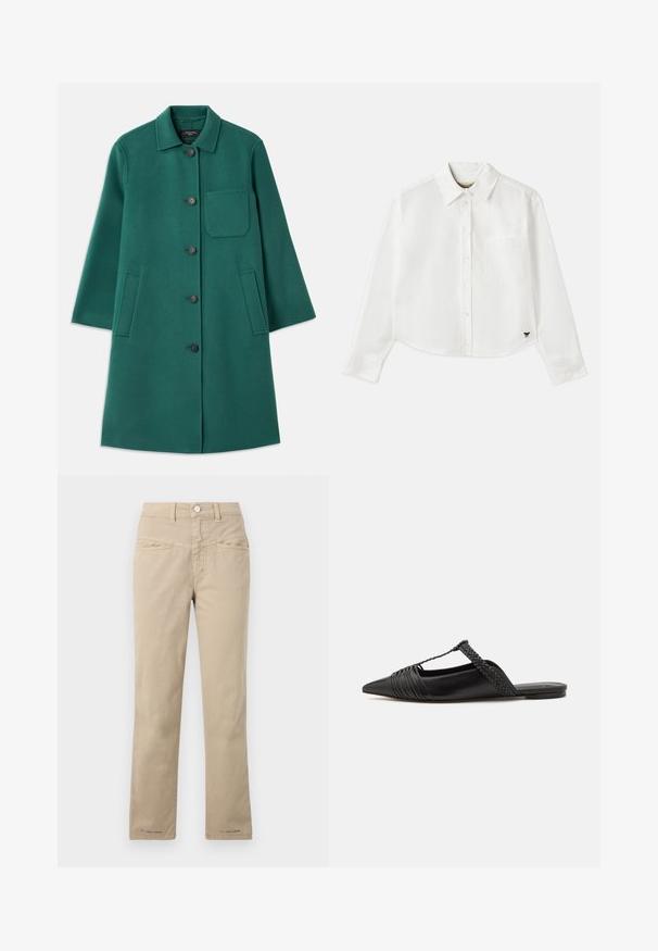 Casaco de lã verde com decote de colarinho, fecho de botão e mangas longas. Possui um bolso no peito e dois bolsos laterais, textura suave.; Camisa branca de manga longa cropped em algodão. Apresenta fecho com botões na frente, um bolso no peito e um pequeno logotipo preto no canto inferior esquerdo.; Calças de algodão bege com um design de perna reta, apresentando um fecho frontal com botão, dois bolsos frontais e detalhes de costura sutis.; Sapatilha slingback em couro preto com bico pontudo, apresentando um detalhe trançado e um design superior plissado. Sola plana com hardware mínimo.