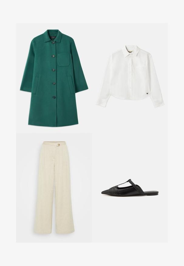 Vihreä villa-takki, jossa on kauluspään muotoilu, nappisuljenta ja pitkät hihat. Sisältää rintataskun ja kaksi sivutaskua, sileä tekstuuri.; Valkoinen lyhytcroppinen pitkähihainen paita, joka on valmistettu puuvillasta. Siinä on nappisuljenta edessä, rintatasku ja pieni musta logo vasemmassa alakulmassa.; Väljeförda byxor i beige linné med knäppning framtill, veck och en slät yta.; Musta nahkasandaali, jossa on terävä kärki, somistettuna kudotulla yksityiskohdalla ja pleatatuilla yläosilla. Litteä pohja, jossa on vähäisiä tarvikkeita.