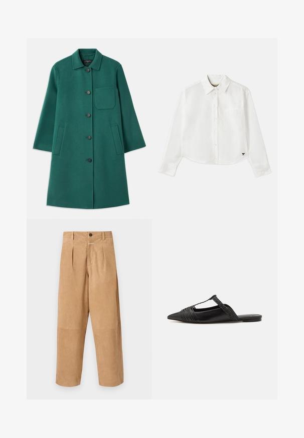 Grøn uldfrakke med krave, knaplukning og lange ærmer. Har en brystlomme og to sidelommer, glat tekstur.; Hvid cropped langærmet skjorte lavet af bomuld. Har en knaplukning foran, en brystlomme og et lille sort logo nederst til venstre.; Beige, suedebukser med en afslappet pasform, der har frontfolder, knaplukning og lommer på siderne. Glat tekstur hele vejen igennem.; Sort læderslyngeback sko med spids tå, der har en vævet detalje og en plisseret overdel. Flad sål med minimal hardware.