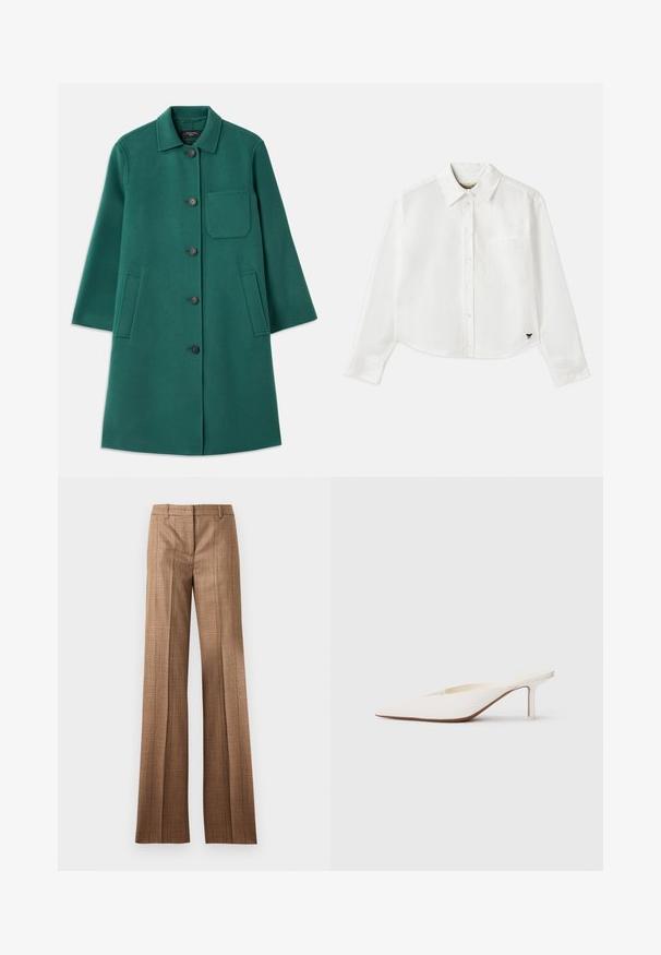 Green wool coat with a collared neckline, button closure, and long sleeves. Features a chest pocket and two side pockets, smooth texture.; White cropped long-sleeve shirt made of cotton. Features a button-up front, a chest pocket, and a small black logo on the bottom left.; Brown plaid straight-leg trousers with belt loops and front crease on a light gray background.; Pointed-toe white mule with a low stiletto heel. Made of smooth material with a minimalist design and subtle tan sole detail.