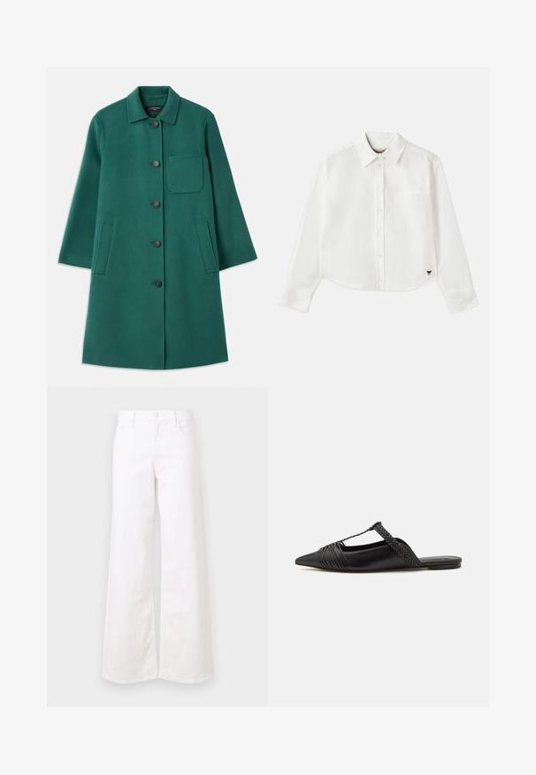 Roheline villane jakk, millel on krae, nööbiga kinnitatav ja pikad varrukad. Omab rinnaTaskut ja kahte küljetaskut, sile tekstuur.; Valge lühikesed varrukad puuvillane särk. Omab nööbiga esist, rinna taskut ning väikest musta logo all vasakul.; Valged laiad püksid, mis on valmistatud denimist, sisaldavad eesmist taskut, nööbi kinnitust ja lõdva istuvust. Sile tekstuur koos minimaalsete detailidega.; Must kuulsad nahast kandadega kingad, millel on terav nina, koos kootud detaili ja volditud ülaosaga. Lame tald minimaalse riistvaraga.