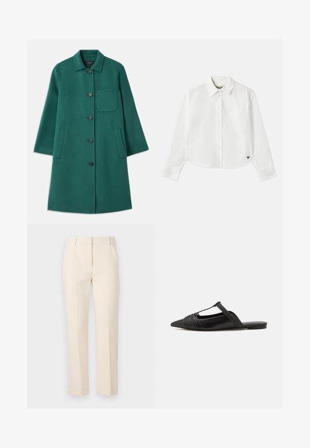 Grüner Wollmantel mit Kragen, Knopfverschluss und langen Ärmeln. Verfügt über eine Brusttasche und zwei Seitentaschen, glatte Textur.; Weißes, kurzes Langarmhemd aus Baumwolle. Verfügt über eine durchgehende Knopfleiste, eine Brusttasche und ein kleines schwarzes Logo unten links.; Beige maßgeschneiderte Hose mit geradem Bein, zwei vorderen Falten und flachem Bund. Hergestellt aus einem glatten Stoff. Keine sichtbaren Taschen.; Schwarzer Leder-Slingback-Schuh mit spitzem Zehenbereich, ausgestattet mit einem geflochtenen Akzent und einem gefalteten Oberdesign. Flache Sohle mit minimalem Zubehör.