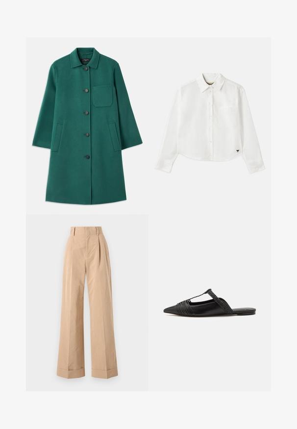 Zelený vlnený kabát s golierom, zapínaním na gombíky a dlhými rukávmi. Obsahuje náprsné vrecko a dve postranné vrecká, hladká textúra.; Biely skrátený dlhý rukáv košeľa vyrobená z bavlny. Má gombíkový predný zapínanie, vrecko na hrudi a malé čierne logo na spodnej ľavej strane.; Béžové nohavice s širokými nohavicami a vysokým pásom, so záhybmi a hladkou textúrou. Rukávy sú prehnuté, čo pridáva na štruktúrovanosti.; Čierne kožené sandále so špičatou špičkou, ktoré majú tkaný detail a zborený dizajn vrchnej časti. Plochá podrážka s minimálnym hardvérom.