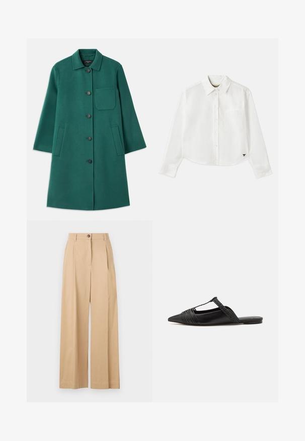 Grøn uldfrakke med krave, knaplukning og lange ærmer. Har en brystlomme og to sidelommer, glat tekstur.; Hvid cropped langærmet skjorte lavet af bomuld. Har en knaplukning foran, en brystlomme og et lille sort logo nederst til venstre.; Beige brede bukser lavet af et glat stof, med en frontknaplukning, plisseringer og en skræddersyet design.; Sort læderslyngeback sko med spids tå, der har en vævet detalje og en plisseret overdel. Flad sål med minimal hardware.