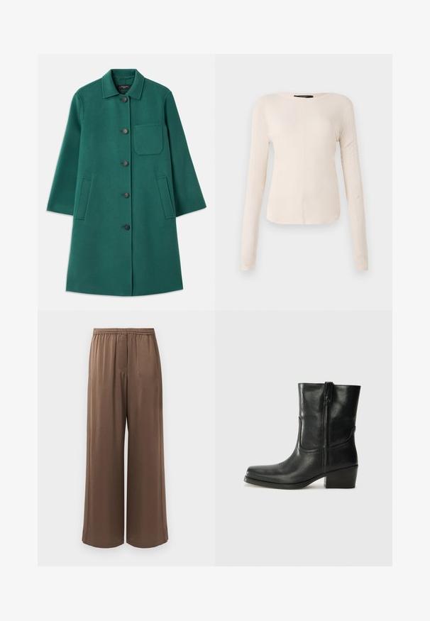 Green wool coat with a collared neckline, button closure, and long sleeves. Features a chest pocket and two side pockets, smooth texture.; Long-sleeve, light beige top with a round neckline. Made of soft fabric, features a central seam and slightly curved hem. No visible hardware.; Brown wide-leg pants with elastic waistband and smooth fabric, displayed against a plain white background.; Black leather ankle boot with a rounded toe, block heel, side zipper, and stitching accents on the vamp. Smooth texture, classic design.