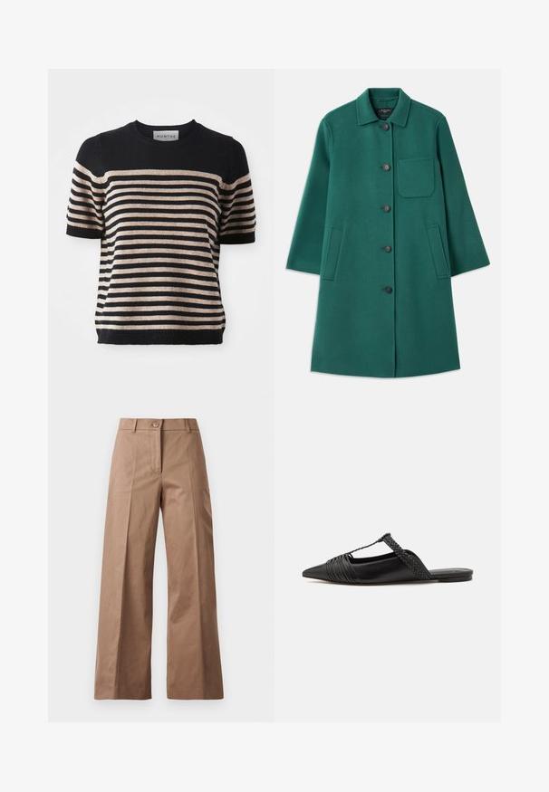 Cappotto di lana verde con colletto, chiusura a bottoni e maniche lunghe. Presenta una tasca sul petto e due tasche laterali, texture liscia.; Maglione a maniche corte a righe realizzato in un materiale morbido; presenta righe blu navy e beige, scollo rotondo e orlo a coste.; Pantaloni larghi marroni realizzati in un tessuto morbido, con chiusura frontale con bottone, due tasche anteriori e linee pulite e sartoriali.; Scarpa slingback in pelle nera con punta appuntita, con un dettaglio intrecciato e un design superiore plissettato. Suola piatta con hardware minimale.