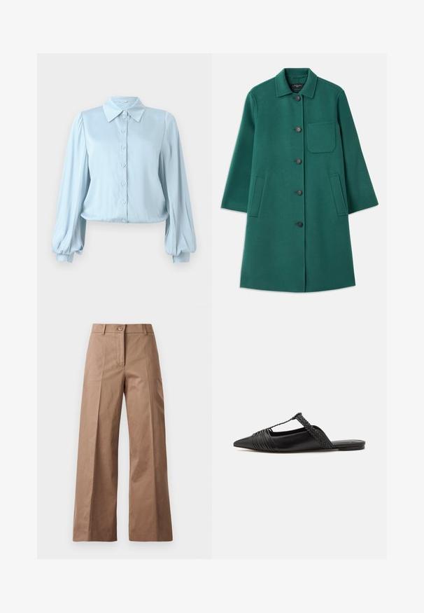 Green wool coat with a collared neckline, button closure, and long sleeves. Features a chest pocket and two side pockets, smooth texture.; Hofmann Copenhagen FLORA - Button-down blouse - lavender blue; Brown wide-leg trousers made from a smooth fabric, featuring a front button closure, two front pockets, and clean, tailored lines.; Black leather slingback shoe with a pointed toe, featuring a woven accent and pleated upper design. Flat sole with minimal hardware.