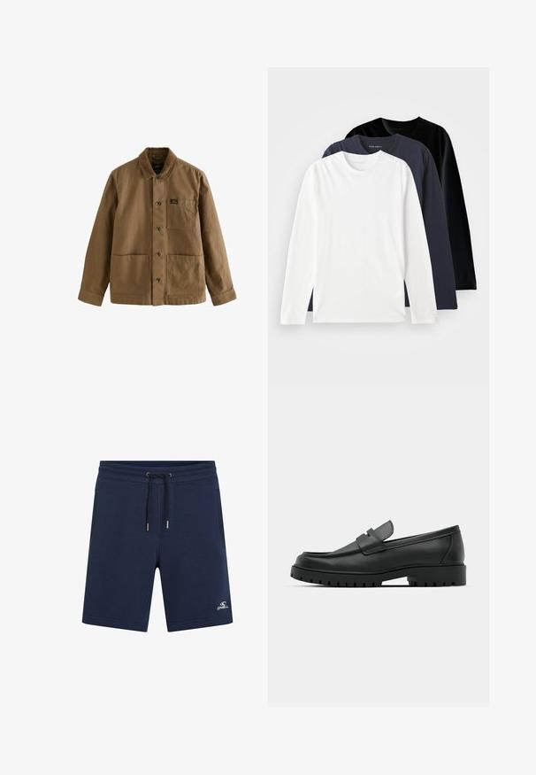 Pruun puuvillane jakk nupuga esiküljel, krae ja kahe esikotiga. Omab taskut vasakul rinnal ja metallnuppe.; Kolme pika varrukaga T-särkide virna: üks valge, üks tume meresinine ja üks must. Valmistatud siledast puuvillast, ümmarguste kaelustega ja külgsed avad.; Tumedate sinise puuvillased lühikesed püksid elastse vöökoha, paelaga kinnituse, küljetaskute ja valge logoga vasakul jalal.; Mustad musta nahast loafers, millel on ümar varvas, tikandiga disain, madal platvorm-soon ja tekstureeritud, soonikkummist välistald.