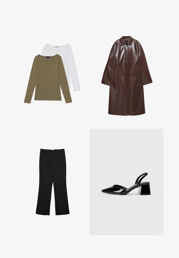 Dlhý tmavohnedý kožený kabát s špicatým golierom, jedným viditeľným čiernym gombíkom, dlhými rukávmi a dvomi bočnými vreckami.; Dvoje tričiek s dlhým rukávom: jedny oliva zelené a jedny biele. Obe majú okrúhly výstrih a mäkkú, hladkú textúru s jemnými švovými detailmi.; Čierne nohavice so strihom rovného strihu, s prednými vreckami a bočnými rozparkami na leme. Vyrobené z mäkkej, hladkej tkaniny. Vhodné na rôzne príležitosti.; Čierne lakované kožené sandálové podpätky s špicatou špičkou a geometrickým blokovým podpätkom. Disponujú elegantným, minimalistickým dizajnom a hladkým povrchom.