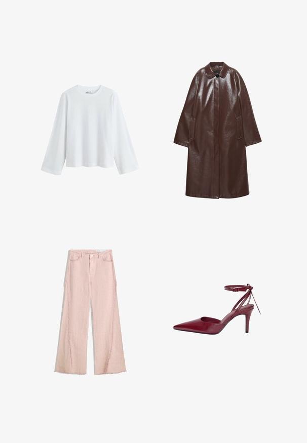 Langer dunkelbrauner Ledermantel mit spitzem Kragen, einem sichtbaren schwarzen Knopf, langen Ärmeln und zwei Seitentaschen.; Weißes Langarm-T-Shirt aus weicher Baumwolle, mit rundem Ausschnitt und Raglanärmeln, lockerer Passform und ohne sichtbare Muster.; Hellrosa weit geschnittene Jeans mit strukturierter Oberfläche, fransigem Saum und Fünf-Taschen-Design. Verfügt über einen Knopfverschluss und Gürtelschlaufen.; Burgunderfarbener Leder-High-Heel-Schuh mit spitzer Zehenform, offenen Seiten und Knöchelriemen. Verfügt über ein elegantes Design und eine glatte Textur.