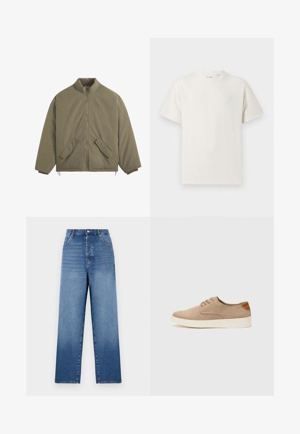 Giacca verde oliva con zip e alta collana, due tasche anteriori con pattina e bottoni, polsini elasticizzati e orlo con cordino.; T-shirt bianca a maniche corte in texture a coste. Girocollo, vestibilità rilassata, senza modelli o accenti visibili. Design semplice e versatile.; Jeans in denim blu con vita alta, taglio dritto, chiusura a bottone e cinque tasche. Caratterizzati da un lavaggio sbiadito e dettagli di cucitura visibili.; Sneaker in suede beige con punta arrotondata, stringhe davanti e un accento testurizzato sul retro. La suola in gomma bianca offre un contrasto. Design semplice e moderno.