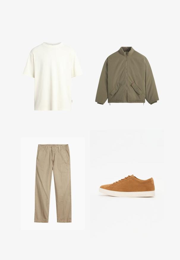 Olivengrøn zip-up jakke med høj krave, to frontlommer med klap og knapper, elastiske manchetter og snoretræk i bunden.; Kortærmet t-shirt med rund hals i off-white, lavet af blød bomuld, med lige snit og minimalistisk design uden mønstre.; Beige lige ben chinos med bæltestropper, frontknap og lynlås lukning samt skrå frontlommer.; Brune ruskind sneakers med et lavt design, hvid gummisål og rund tå. Har matchende snørebånd og minimal branding på hælen.