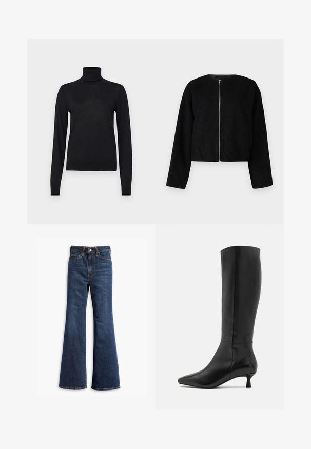Schwarze, cropped Jacke aus strukturiertem Stoff, mit rundem Halsausschnitt und durchgehendem Reißverschluss vorne. Lange Ärmel mit entspannter Passform.; GAP Strickpullover - black; Hochtaillierte dunkelblaue Jeans mit ausgestellten Beinen, Vorderknopf- und Reißverschluss sowie Fünf-Taschen-Design.; Zign Stiefel - black