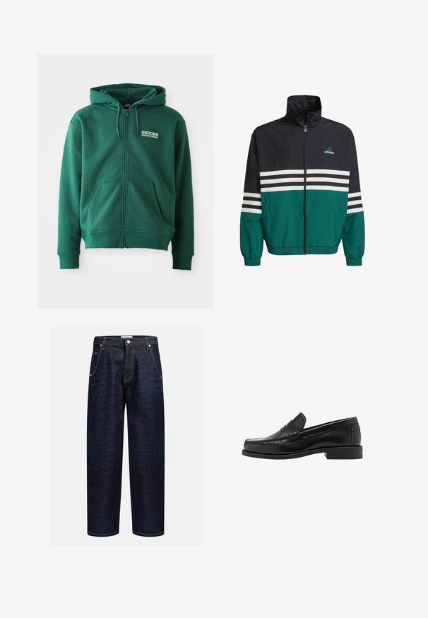 Jachetă de vânt neagră și teal cu guler înalt, închidere cu fermoar și dungi orizontale albe. Dispune de un logo Adidas pe piept.; Hanorac verde cu fermoar, fabricat dintr-un material moale, având o buzunar frontal, șnururi și un logo în partea stângă sus.; Tricou din bumbac negru cu guler rotund, mâneci scurte și tiv drept. Textură netedă; design simplu, nepornit.; Jeans din denim închis, cu croială dreaptă, dotate cu cinci buzunare, cu nituri de cupru și cusături contrastante de-a lungul cusăturilor.; Mocasini negri din piele, cu un finisaj neted, detalii cusute pe vârf și un design cu toc jos pentru confort și stil.