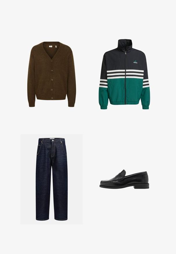 Zwarte en teal windbreaker jas met een hoge kraag, ritssluiting en witte horizontale strepen. Bevat een Adidas-logo op de borst.; Bruine gebreide cardigan met V-hals, lange mouwen en een frontale knoopsluiting met vijf knopen. Geverfd materiaal met ribbelaccenten.; Zwarte katoenen T-shirt met een ronde hals, korte mouwen en een rechte zoom. Gladde textuur; eenvoudig, onafgebroken ontwerp.; Donkerdenim jeans met een rechte pasvorm, voorzien van vijf zakken, koperen klinknagels en contrasterende stiksels langs de naden.; Zwarte leren instappers met een gladde afwerking, gestikte details op de neus en een lage hakontwerp voor comfort en stijl.