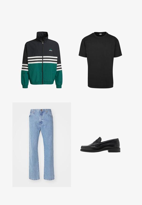 Crna i tirkizna jakna protiv vjetra s visokim ovratnikom, zatvaranjem na zip i bijelim horizontalnim prugama. Sadrži Adidas logo na prsima.; Crna pamučna majica s okruglim izrezom, kratkim rukavima i ravnim rubom. Glatka tekstura; jednostavan, neukrašen dizajn.; Svijetloplavi traperice s visokim strukom, ravnog kroja i prednjim džepovima. Imaju bakrene detalje i suptilno izblijeđivanje.; Crne kožne mokasine s glatkom površinom, šivenim detaljima na prstu i dizajnom niskog potplata za udobnost i stil.