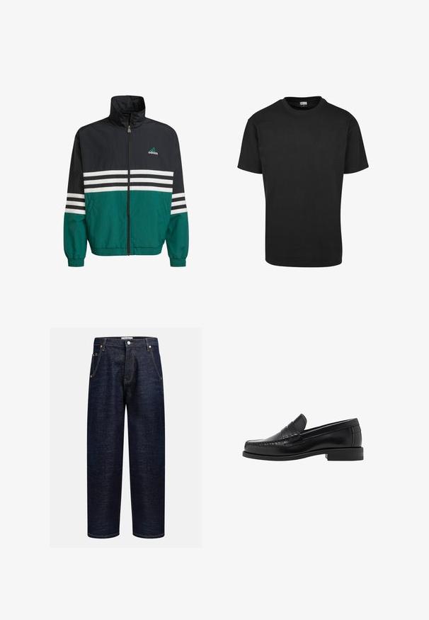 Czarna i turkusowa kurtka przeciwwiatrowa z wysokim kołnierzem, zamkiem błyskawicznym i białymi poziomymi paskami. Posiada logo Adidas na piersi.; Czarna bawełniana koszulka z okrągłym dekoltem, krótkimi rękawami i prostym dołem. Gładka faktura; prosty, nieozdobiony design.; Ciemnoniebieskie dżinsy o prostym kroju, z pięcioma kieszeniami, miedzianymi nity oraz kontrastowym ściegiem na szwach.; Czarne skórzane mokasyny o gładkim wykończeniu, ze stębnowaniem na nosie i niskim obcasem, zapewniającymi komfort i styl.