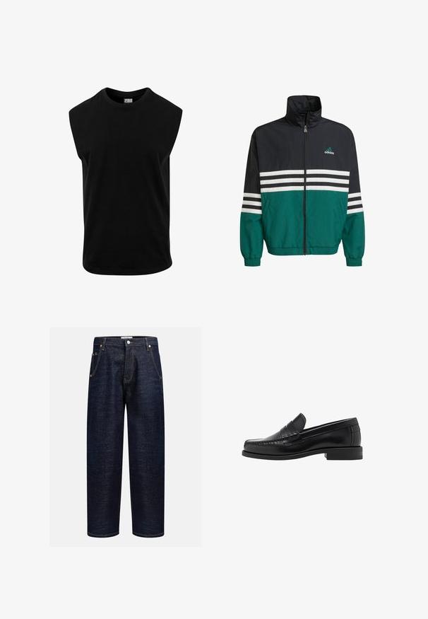Zwarte en teal windbreaker jas met een hoge kraag, ritssluiting en witte horizontale strepen. Bevat een Adidas-logo op de borst.; Zwarte mouwloze T-shirt van katoen, met een ronde hals en een gladde textuur met een rechte snit. Geen zichtbare patronen.; Donkerdenim jeans met een rechte pasvorm, voorzien van vijf zakken, koperen klinknagels en contrasterende stiksels langs de naden.; Zwarte leren instappers met een gladde afwerking, gestikte details op de neus en een lage hakontwerp voor comfort en stijl.