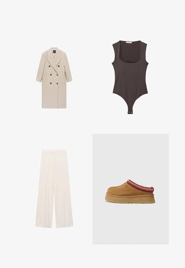 Dvojradový béžový kabát vyrobený z textúrovanej tkaniny, s veľkými gombíkmi, špicatými klopami a bočnými vreckami, s rovnou siluetou.; Hnedý bezramienkový body s hranatým výstrihom, vyrobený z mäkkej látky. Obsahuje zapínanie na patentky na spodnej časti a priliehavý strih.; Bielé nohavice s širokými nohavicami z ľahkej tkaniny, bez viditeľných vzorov a hardvérových detailov, s hladkým povrchom.; Hnedá semišová obuv na slip-on s červeným a krémovým vzorovaným lemovaním, textúrovanou podrážkou a logom UGG na boku. Obsahuje mierne zvýšenú platformu.