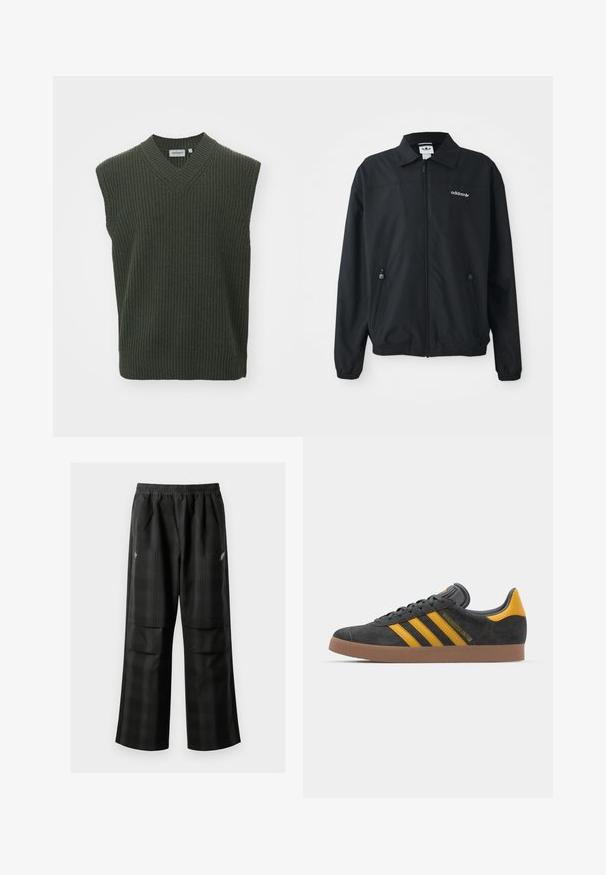 Black zip-up jacket made of lightweight fabric. Features a pointed collar, two side pockets with zippers, and an embroidered logo on the chest.; Carhartt WIP MARLON - Jumper - office green; Black plaid pants featuring an elastic waistband, two front pockets, and a loose fit with a straight leg design. Made from lightweight material.; Black suede sneaker with yellow accents, featuring three stripes and a brown rubber sole. Includes a padded tongue for comfort.