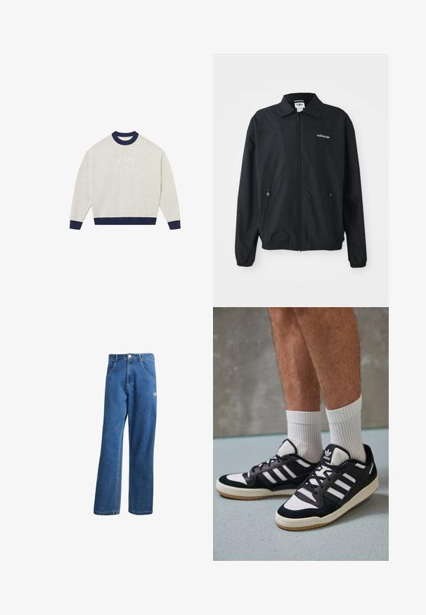 Fekete, zipzáros dzseki könnyű anyagból. Jellemzői közé tartozik a hegyes gallér, két oldalsó zseb cipzárral és egy hímezett logó a mellkason.; Világosszürke pulóver tengerészkék bordázott nyakkal és mandzsettával. Fehér, ívelt "BLKVLS NY" felirattal a mellrészen.; Kék, magas derekú, bő szárú farmernadrág elülső zsebekkel, övhurkokkal, gombos záródással és kicsi Adidas logóval a jobb combon.; Fekete-fehér tornacipők velúr és bőr felsőrésszel, három fehér csíkkal, perforált orral és gumi talppal.